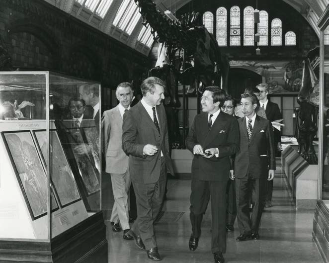 Bill Ball showing Crown Prince Akihito, now Emperor of Japan, the Fossil Reptile Gallery in the NHM, June 1976.