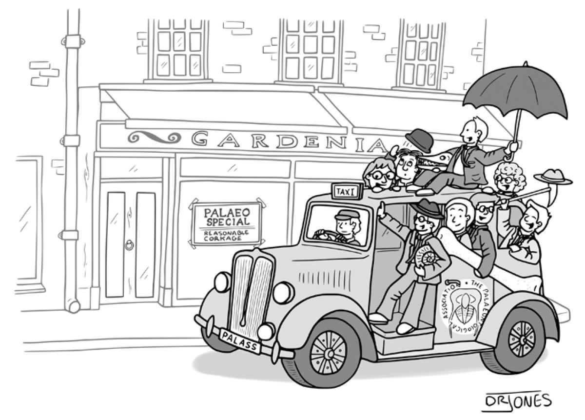 A cartoon by, and copyright of, Dr Jones, showing a group of palaeontologists squeezing into a taxi